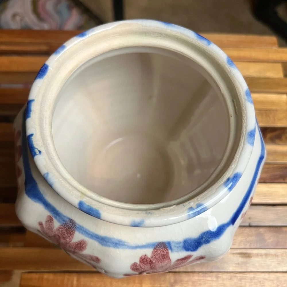 Vintage Signed Studio Pottery Lidded Jar Hand Painted Floral Folk Art 1992